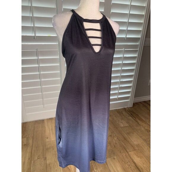 Casual Blue Gray Ombre Slip Dress L Halter Stretch Lounge Pockets - Picture 4 of 11
